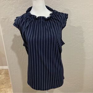 Adrianna Papell Navy Striped Ruffle Neck Sleeveless Blouse Size XL